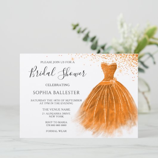 Oranje Peach Glitter Gown Dress Vrijgezellenfeest Kaart (Staand voorkant)