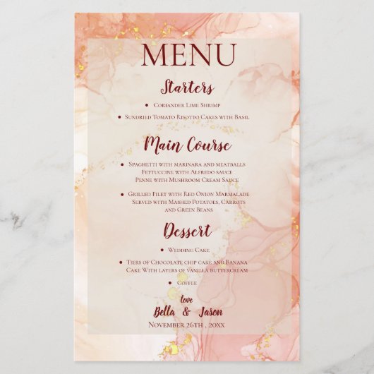  Oranje Peach Gold Marble Wedding Party Menu (Voorkant)