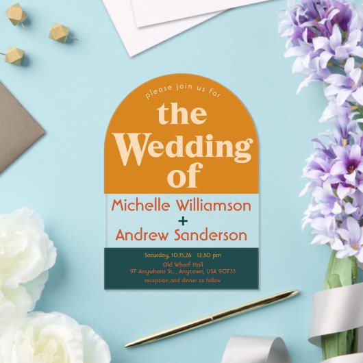 Oranje Peacock Modern Retro Arched Acryl Uitnodigingen (Insitu (Huwelijk))