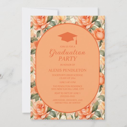 Oranje perzik bloemen middelbare school afstuderen kaart (Voorkant)