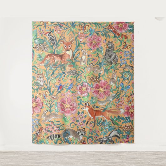 Oranje perzik bos Dier Herten Vossenkonijn Groot Wandkleed (Voorkant)