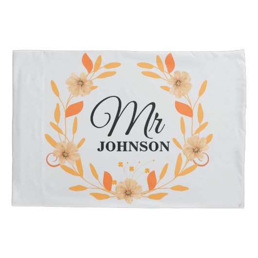 Oranje Perzik Floral Elegant Script Mr Pillow Hoes (Achterkant)