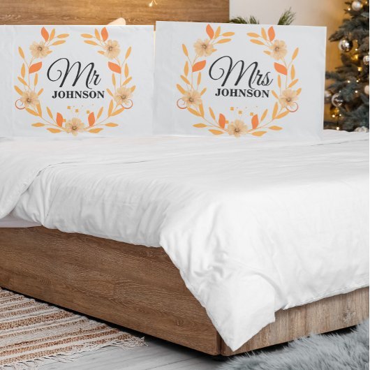 Oranje Perzik Floral Elegant Script Mr Pillow Hoes