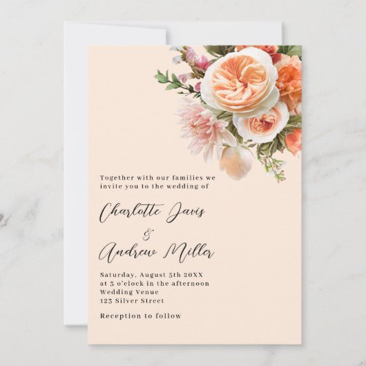 Oranje perzik roze bloemen bruiloft kaart (Voorkant)