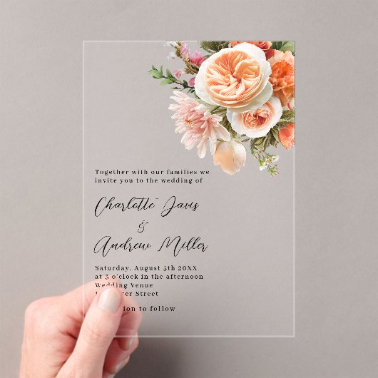 Oranje perzik roze bloemen Clear bruiloft Acryl Uitnodigingen (Insitu (Draagbaar))