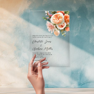 Oranje perzik roze bloemen Clear bruiloft Acryl Uitnodigingen