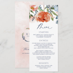 Oranje Perzik Stofblauw Tuin Bloemige Bruiloft Menu