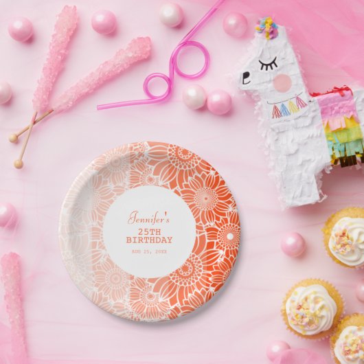 Oranje perzik strepen bloemenverjaardag papieren bordje (Feest)