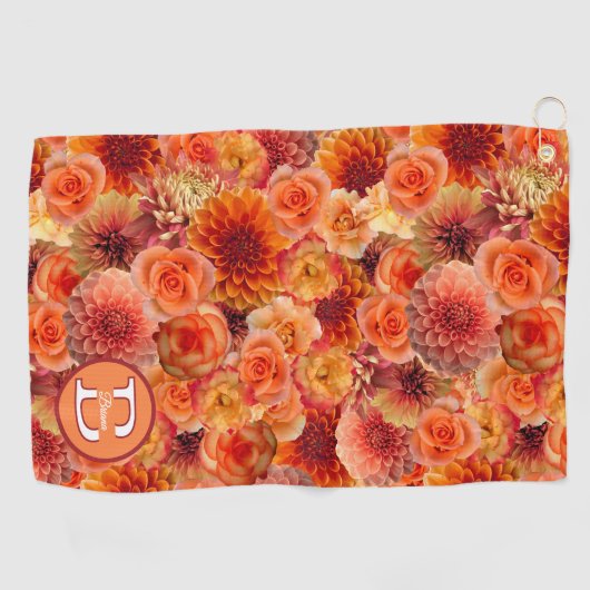 Oranje perzikbloemen monogrammed bloemen golfhanddoek (Horizontaal)