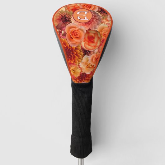Oranje perzikbloemen monogrammed bloemen golfheadcover (Voorkant)