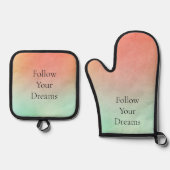 Oranje perzikmunt ovenwant & pannenlap set (Voorkant)