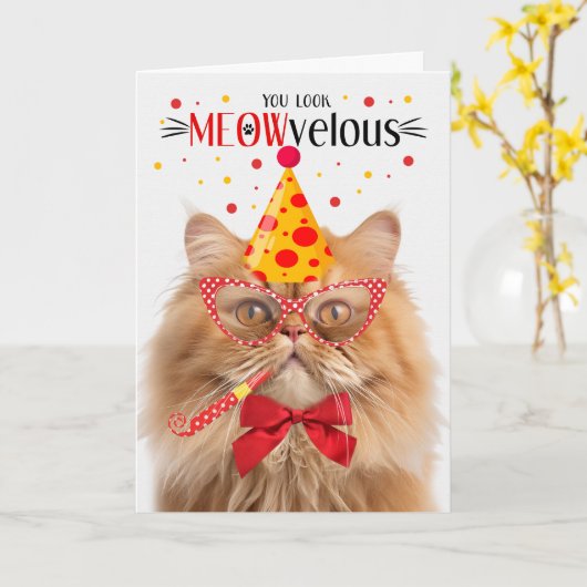 Oranje Perzische Kat MEOWvelous Verjaardag Kaart (Gele Bloem)