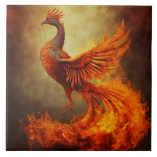 Oranje Phoenix met Vlammen en Gouden Nevel Tegeltje