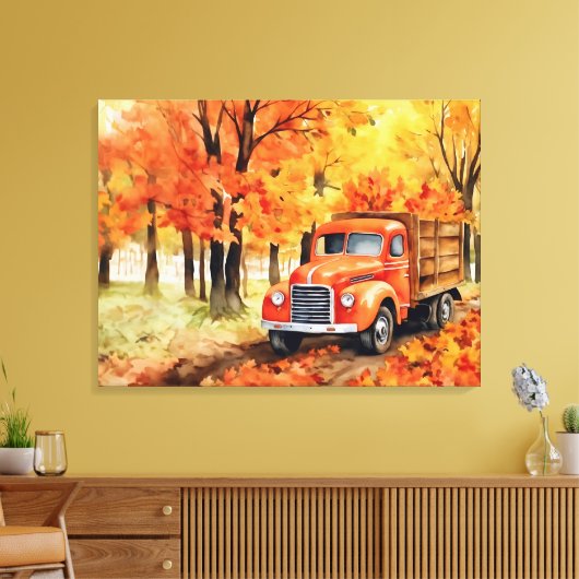 Oranje pick-up truck in het najaar 32x24 canvas afdruk (Insitu (Woonkamer))