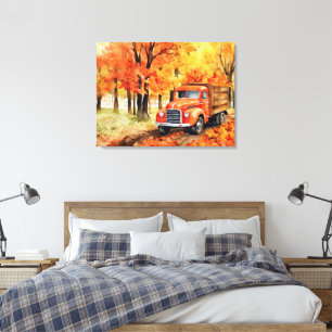Oranje  pick-up truck in het najaar 32x24 canvas afdruk