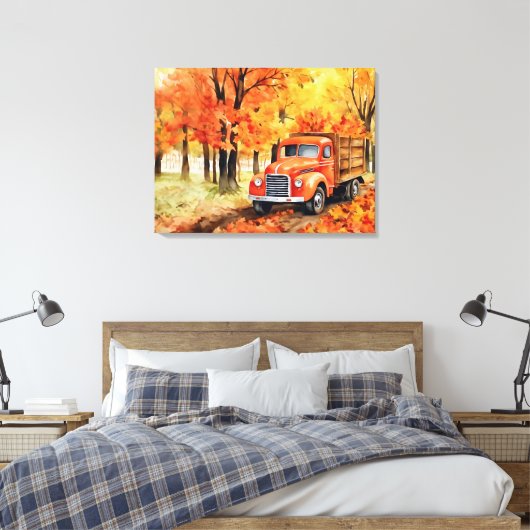 Oranje pick-up truck in het najaar 32x24 canvas afdruk (Insitu (Slaapkamer))