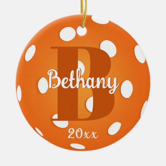 Oranje Pickleball Monogram Naam Keramisch Ornament (Voorkant)