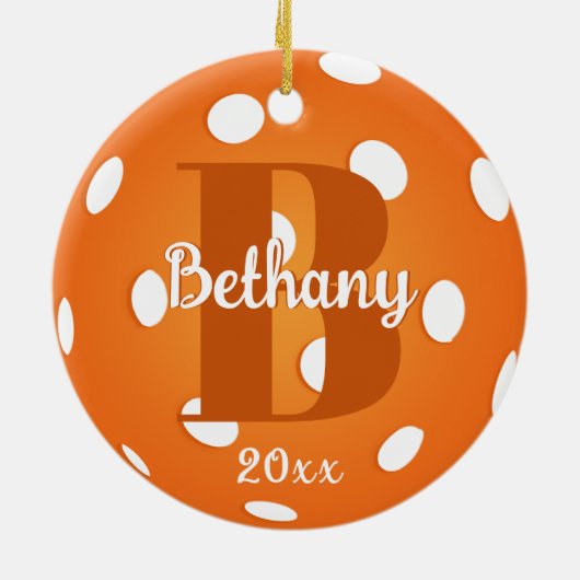 Oranje Pickleball Monogram Naam Keramisch Ornament (Achterkant)