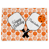 Oranje pickleballs en peddels gepersonaliseerde pa groot cadeauzakje (Voorkant)