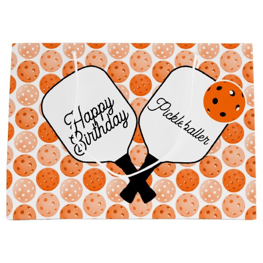 Oranje pickleballs en peddels gepersonaliseerde pa groot cadeauzakje (Voorkant)