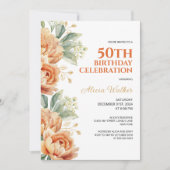 Oranje Pioen Goud Blad Rustieke Bloemen Verjaardag Kaart (Voorkant)