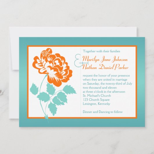 Oranje pioen op turquoise bruiloft uitnodigen kaart (Voorkant)
