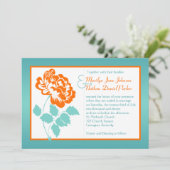 Oranje pioen op turquoise bruiloft uitnodigen kaart (Staand voorkant)