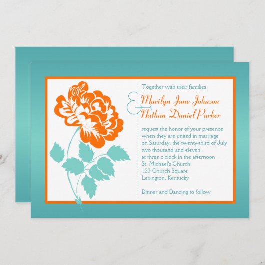 Oranje pioen op turquoise bruiloft uitnodigen kaart (Voorkant / Achterkant)