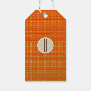 Oranje Plaid & Bruine Kraft Landelijk Monogram Ini Cadeaulabel
