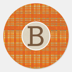 Oranje Plaid & Bruine Kraft Landelijk Monogram Ini Ronde Sticker