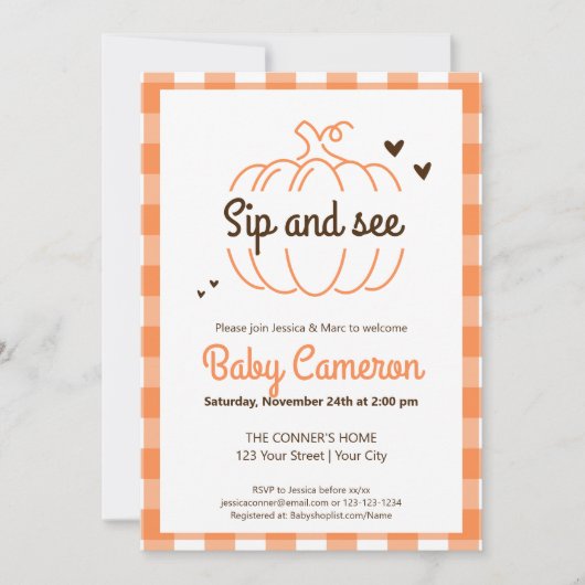 Oranje Plaid Herfst Pompoen Sip en zie Meet Greet Kaart (Voorkant)