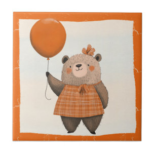 Oranje Plaid Jurk Beer met Haarboog Tegeltje