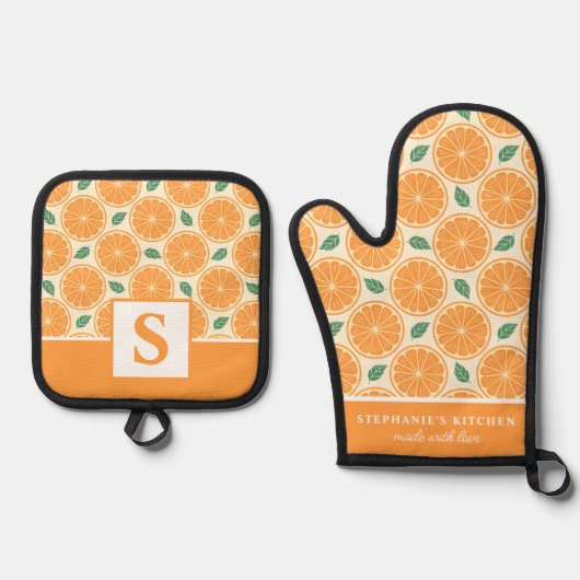 Oranje Plakken Citrus Schattigee Zomer Monogram Ovenwant & Pannenlap Set (Voorkant)