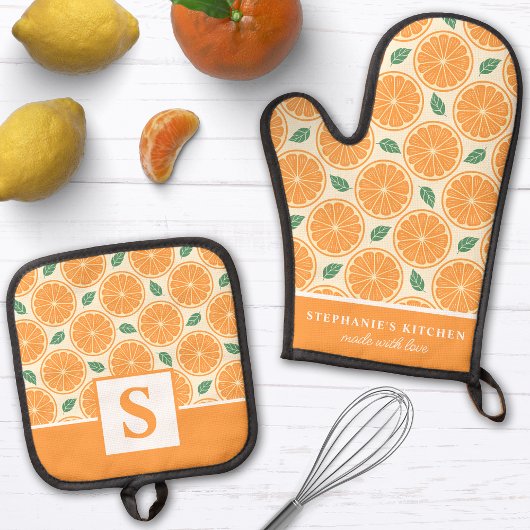 Oranje Plakken Citrus Schattigee Zomer Monogram Ovenwant & Pannenlap Set