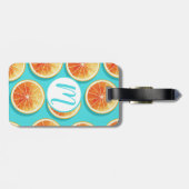 Oranje plakken op blauw bagagelabel (Achterkant horizontaal)