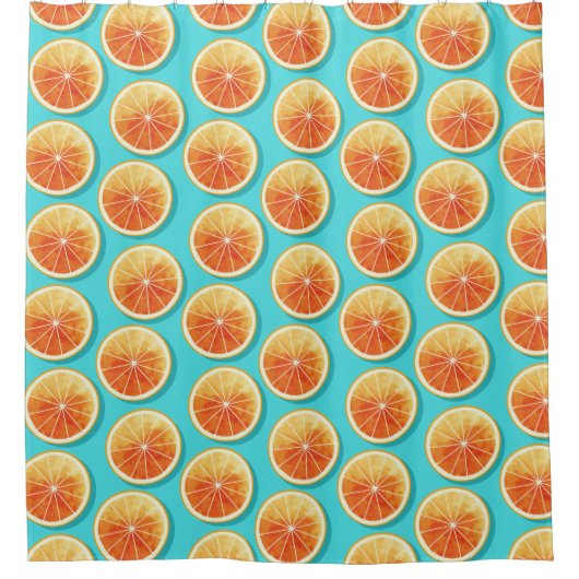 Oranje plakken op blauw douchegordijn (Voorkant)