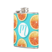 Oranje plakken op blauw heupfles (Links)