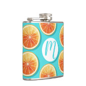 Oranje plakken op blauw heupfles (Rechts)