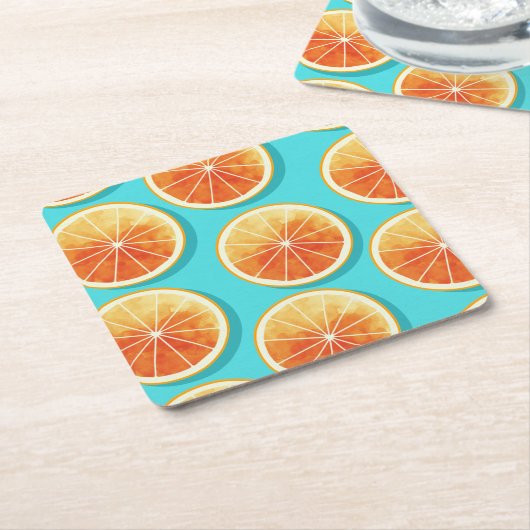 Oranje plakken op blauw kartonnen onderzetters (Schuin)