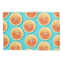 Oranje plakken op blauw kussensloop