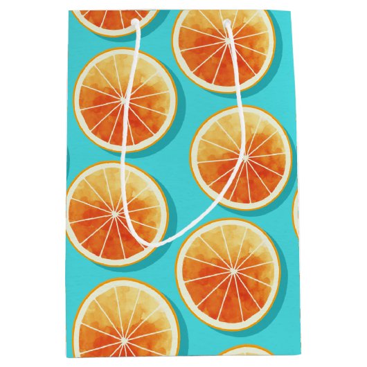 Oranje plakken op blauw medium cadeauzakje (Voorkant)