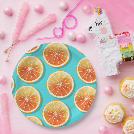 Oranje plakken op blauw papieren bordje (Feest)