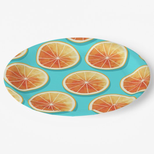 Oranje plakken op blauw papieren bordje (Gekanteld)