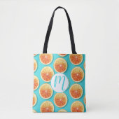 Oranje plakken op blauw tote bag (Voorkant)