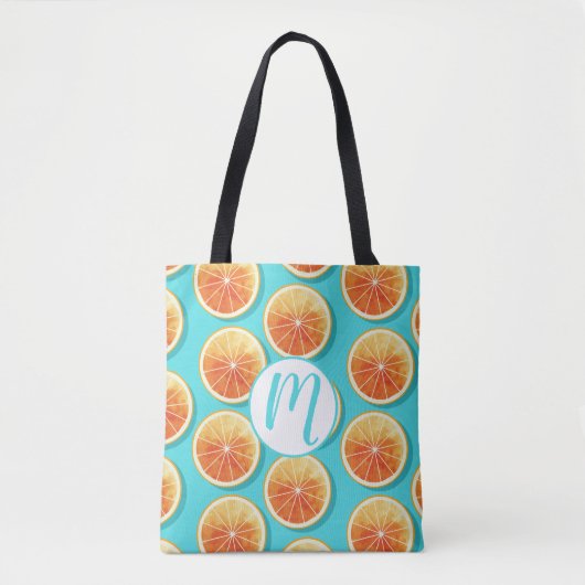 Oranje plakken op blauw tote bag (Voorkant)