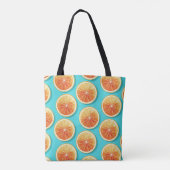 Oranje plakken op blauw tote bag (Achterkant)