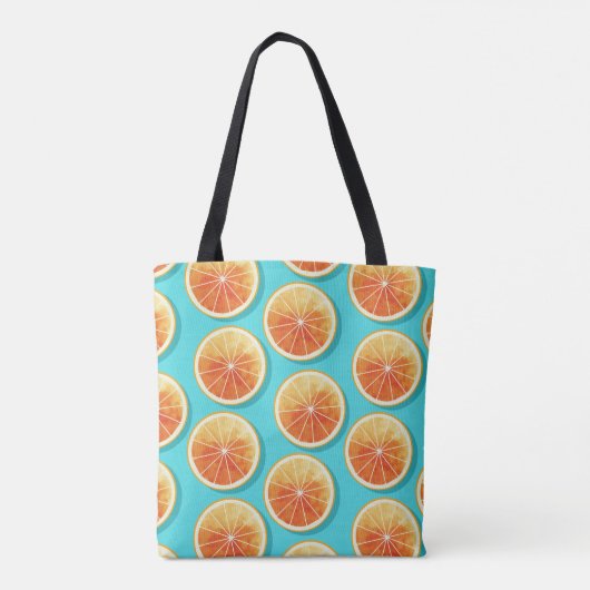 Oranje plakken op blauw tote bag (Achterkant)