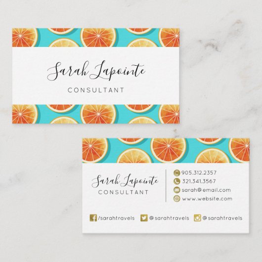 Oranje plakken op blauw visitekaartje (Voorkant / Achterkant)