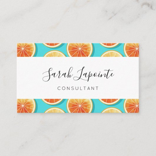 Oranje plakken op blauw visitekaartje (Voorkant)