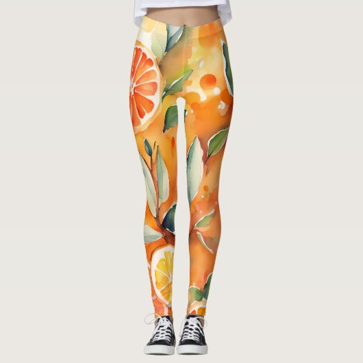 Oranje plakken verse Waterverf Citrus ontwerp Leggings (Voorkant)